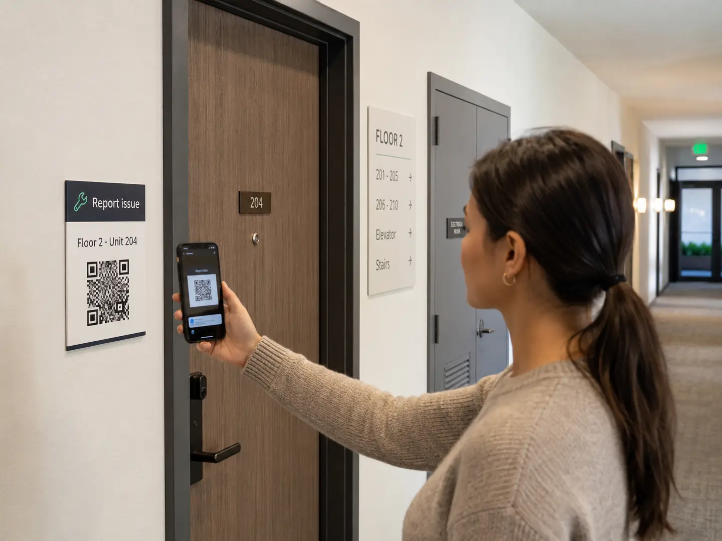 Person scanning a Report issue QR code next to Unit 204 in a building corridor