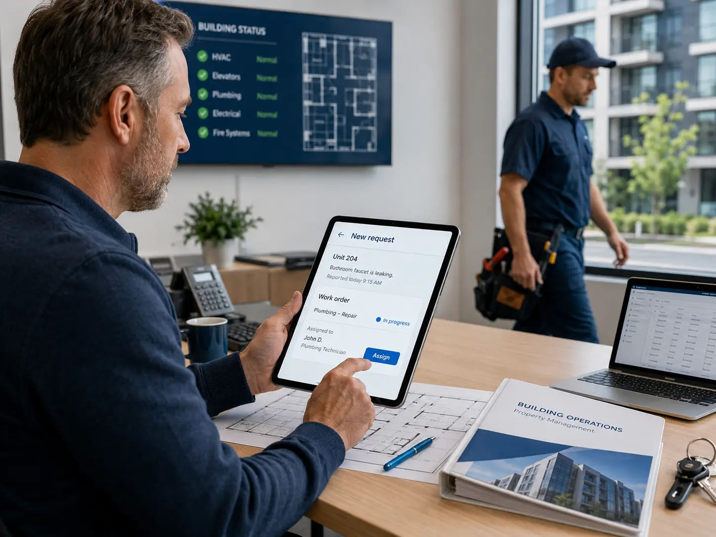 Facility manager assigning a new maintenance request on a tablet