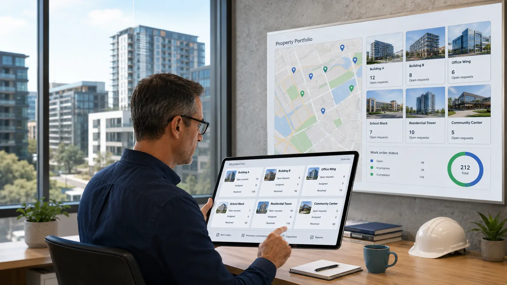 Facility manager reviewing a property portfolio dashboard across multiple buildings