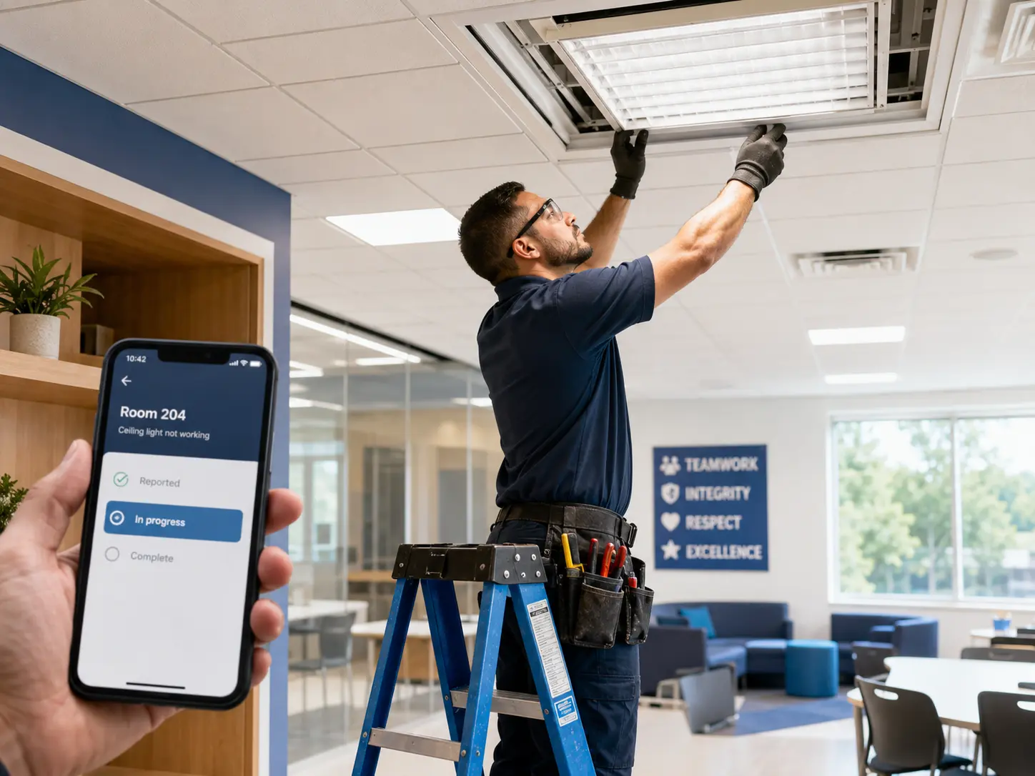Maintenance technician working on a ceiling light with task status visible on phone