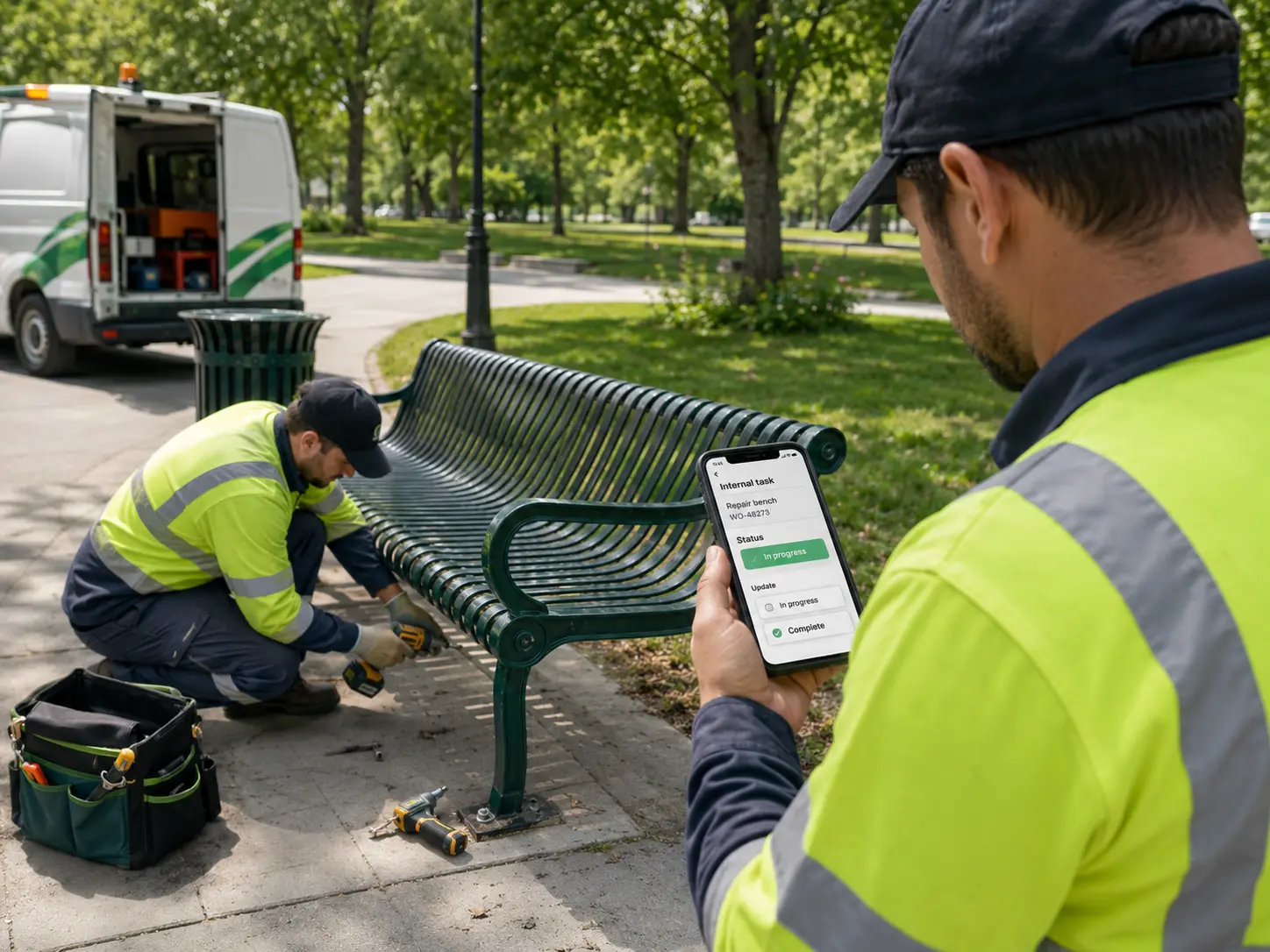 Field crew repairing an outdoor bench and updating internal task status on a phone
