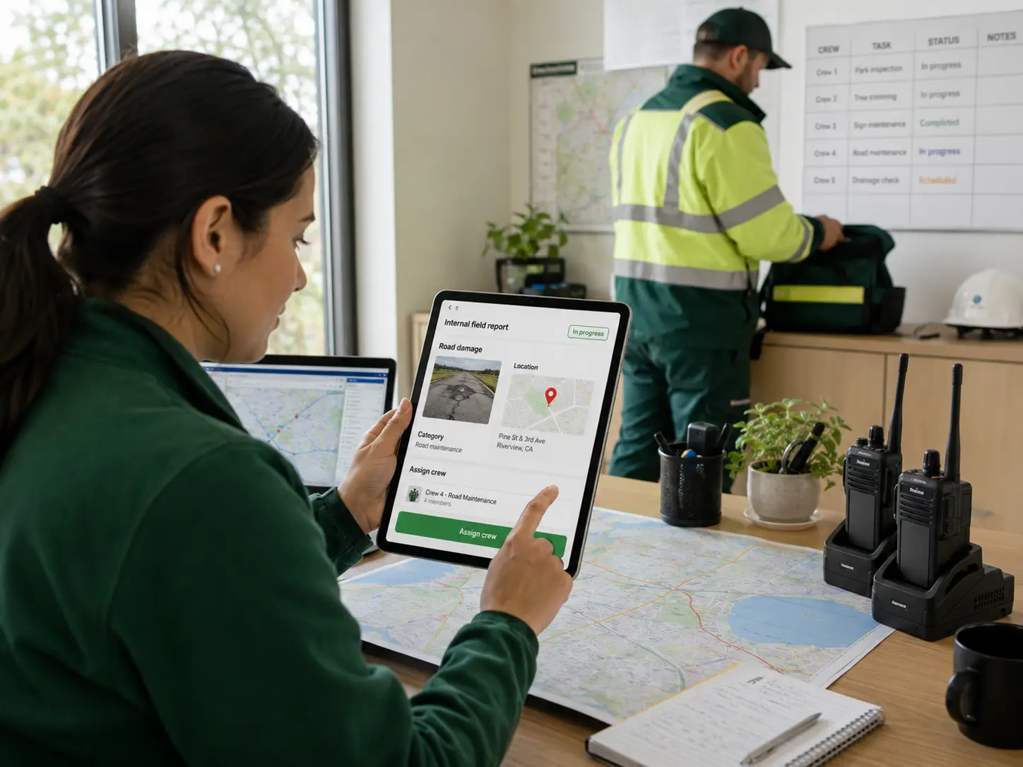 Municipal operations manager assigning a new field report to a crew
