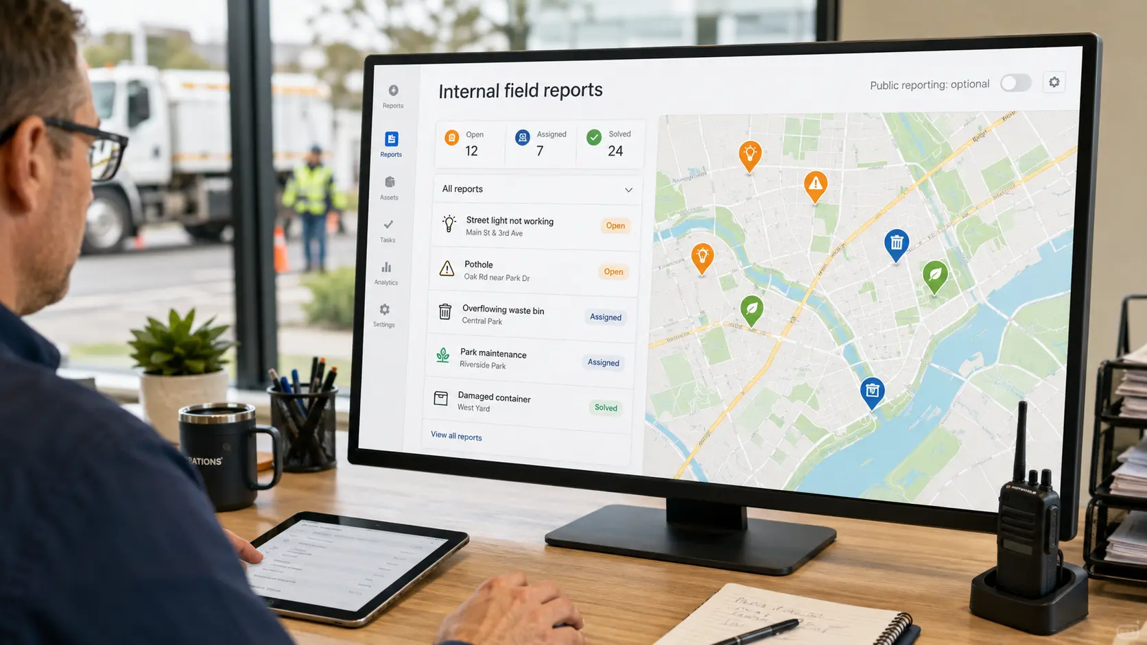 Operations manager reviewing a map dashboard with internal field reports