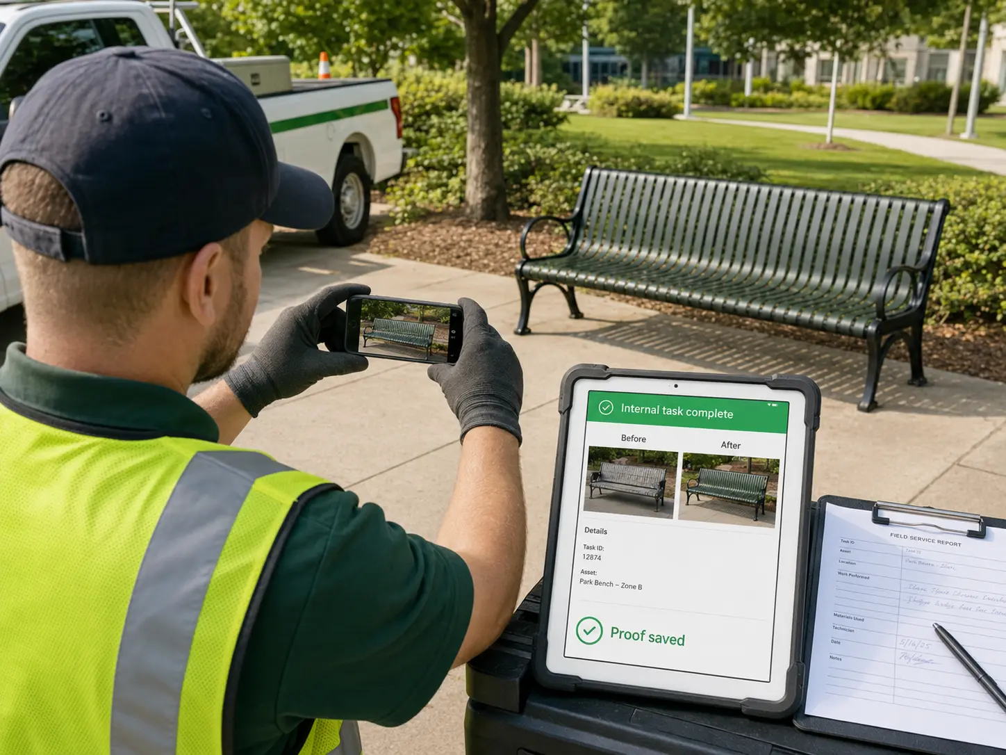 Field employee taking an after photo of a completed outdoor repair