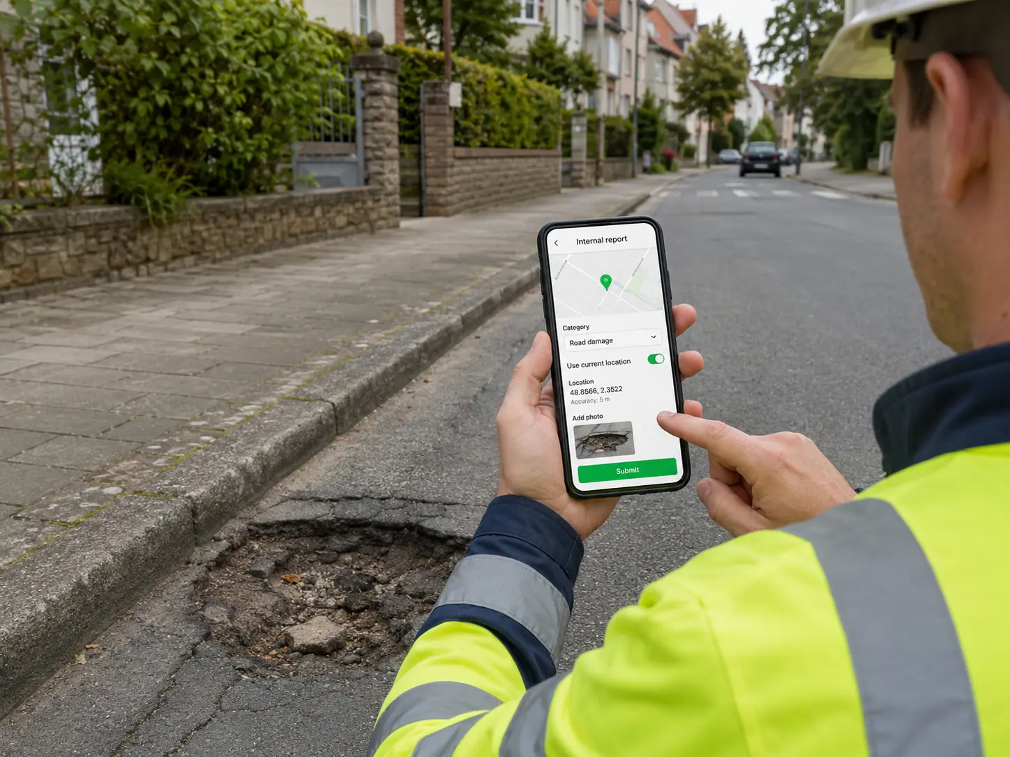 Field employee reporting road damage with exact location on a phone