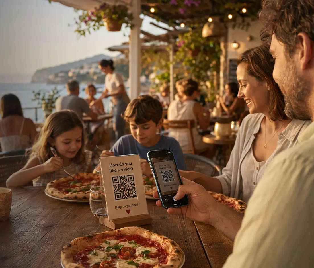 A customer scanning a private feedback QR code while sitting at a venue