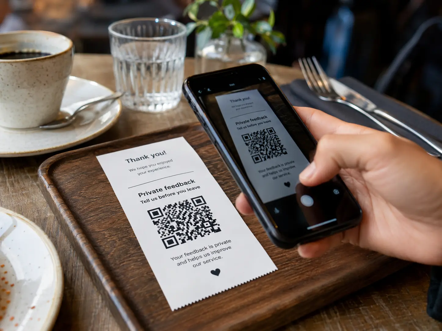 A receipt with a private feedback QR code being scanned