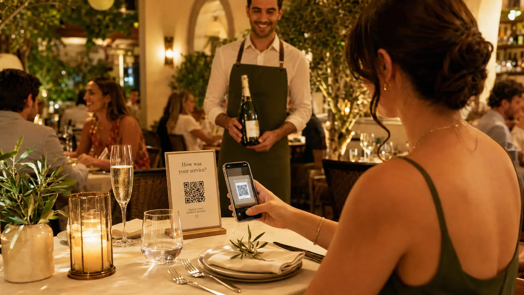 A guest scanning a private feedback QR card at a table