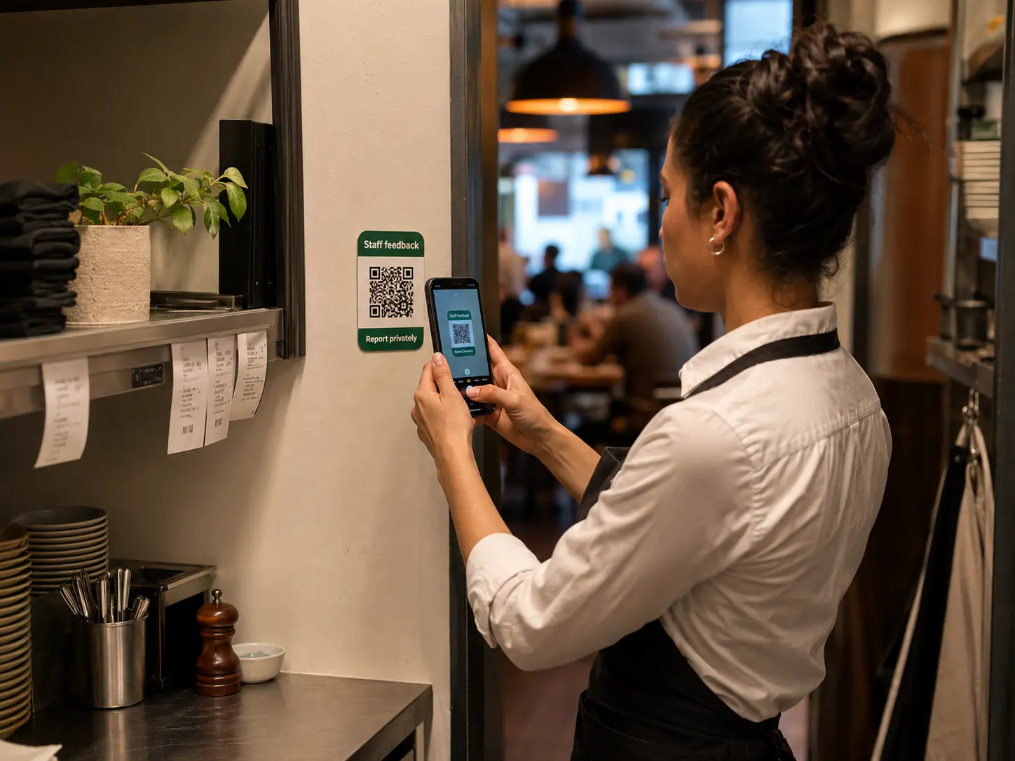 A staff member scanning a private internal feedback QR code