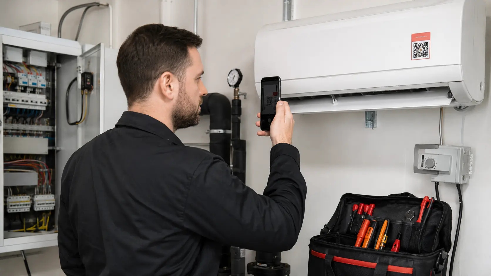 Maintenance employee scanning an asset QR label on an AC unit to report a fault