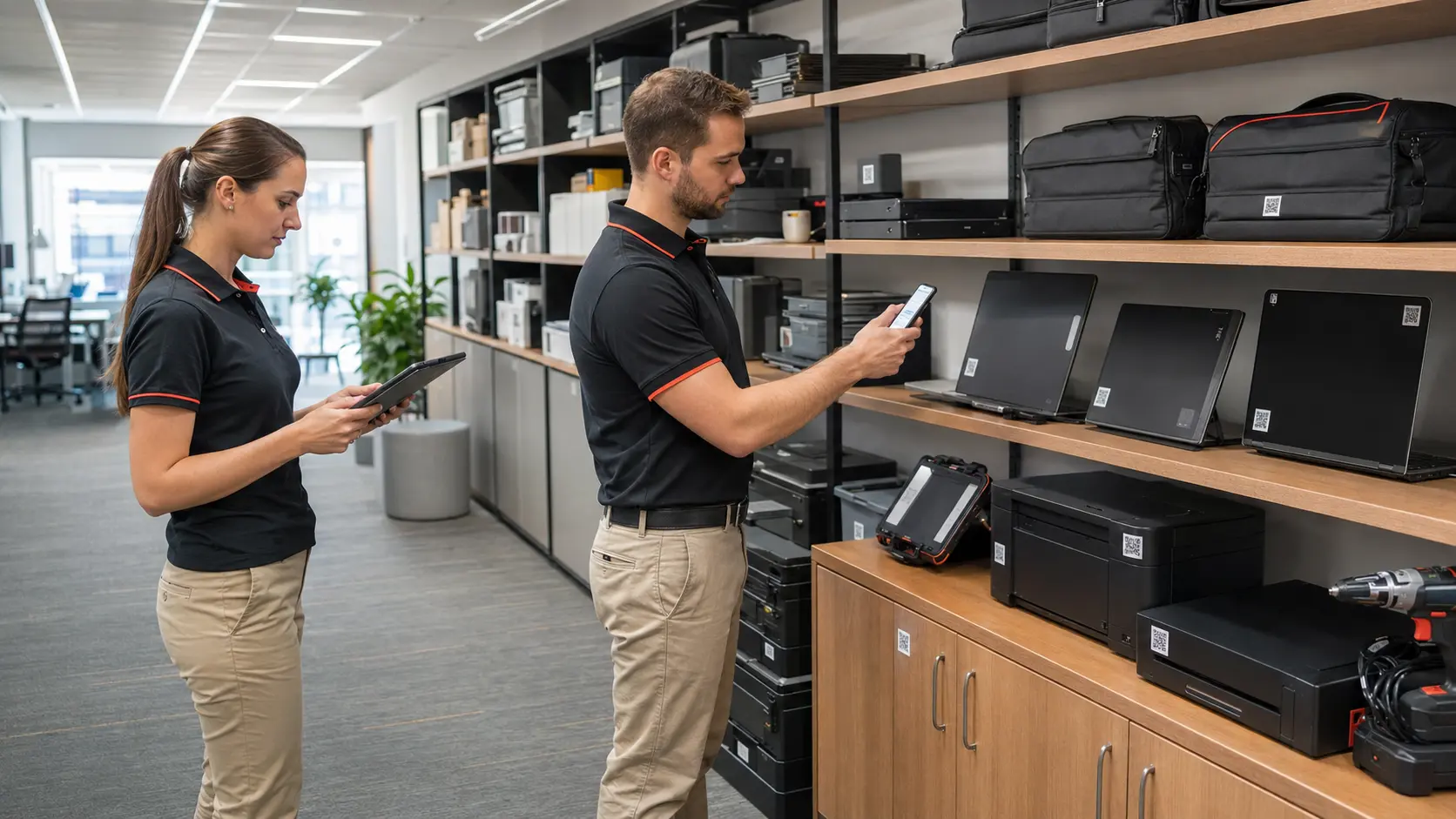 Employees scanning QR labels during a physical inventory audit