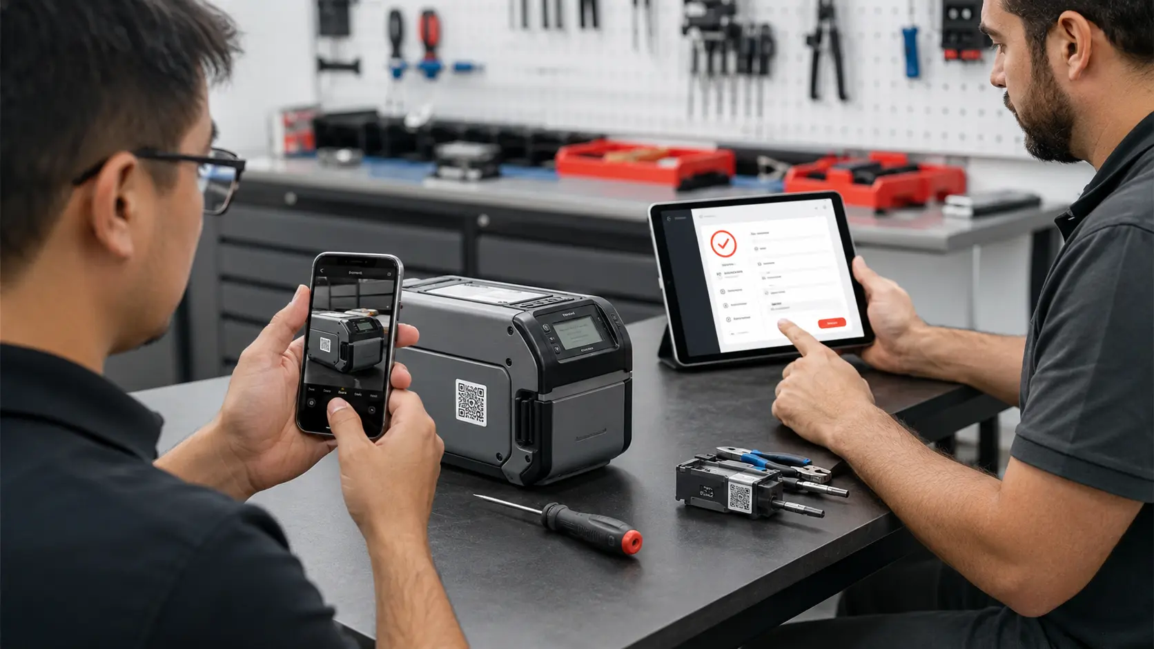 Technician documenting completed service on a QR-labeled asset